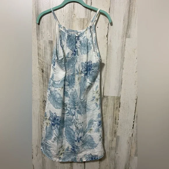 Lungo L’Arno Linen Blue and White Tropical Palm Tree Sleeveless A-Line Dress - Picture 5 of 6